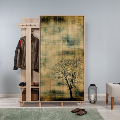 Mobile armadio per ingresso con appendiabiti in legno decorato con albero cm 135x36x194h