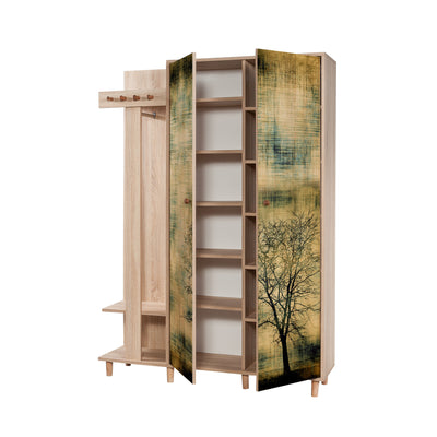 Mobile armadio per ingresso con appendiabiti in legno decorato con albero cm 135x36x194h