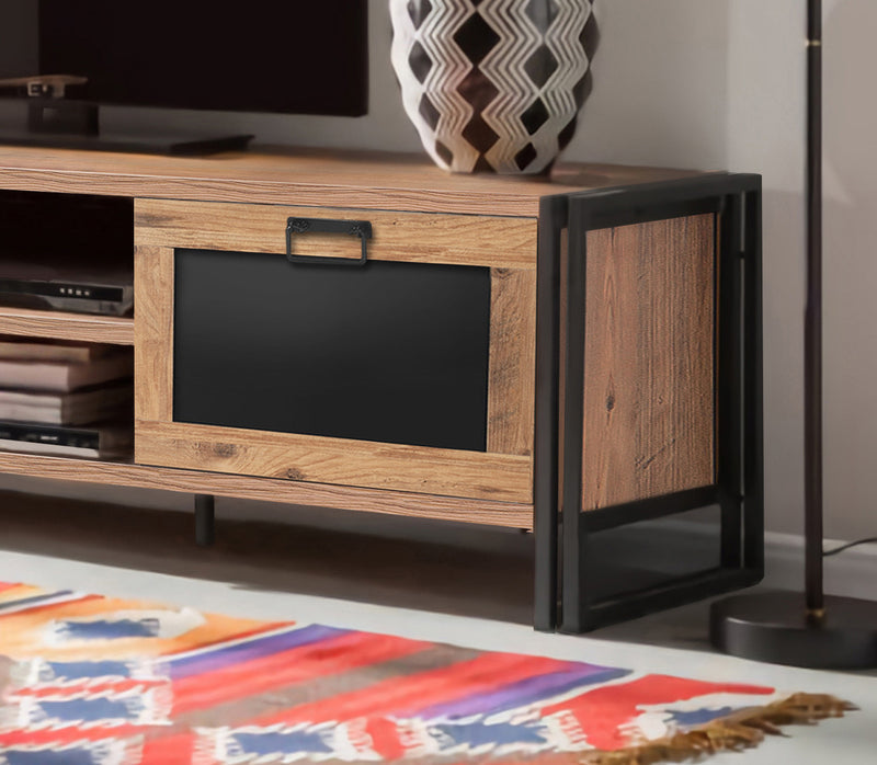 Porta tv stile industriale 2 ante e vani in legno colore naturale e nero 180x45x50h