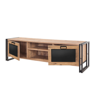 Porta tv stile industriale 2 ante e vani in legno colore naturale e nero 180x45x50h