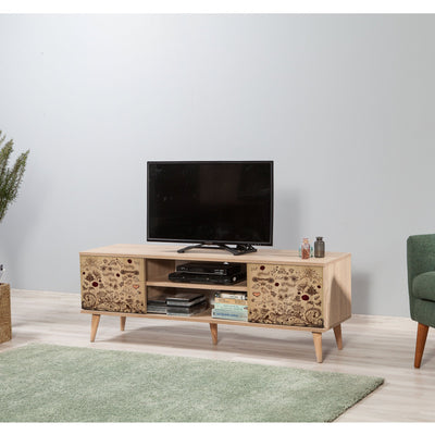 Porta tv basso vani a giorno e ante fantasia in legno colore naturale cm 140x40x50h