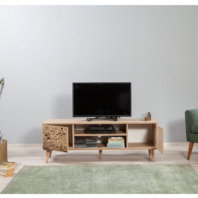 Porta tv basso vani a giorno e ante fantasia in legno colore naturale cm 140x40x50h