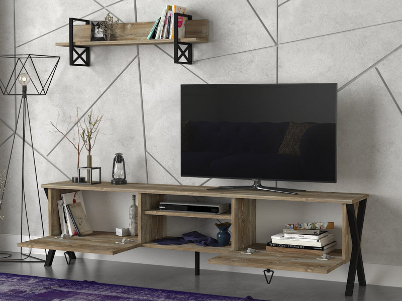 Composizione da soggiorno con porta tv e mensola in legno stile industriale