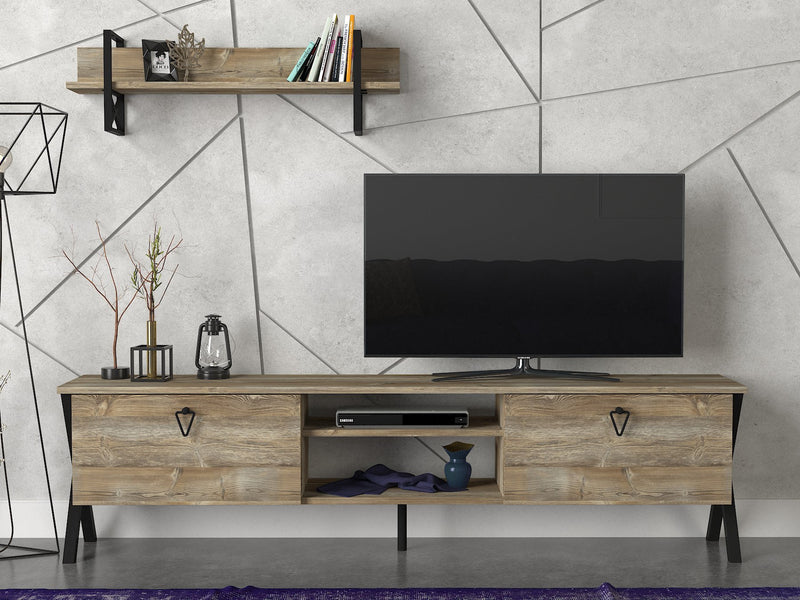Composizione da soggiorno con porta tv e mensola in legno stile industriale