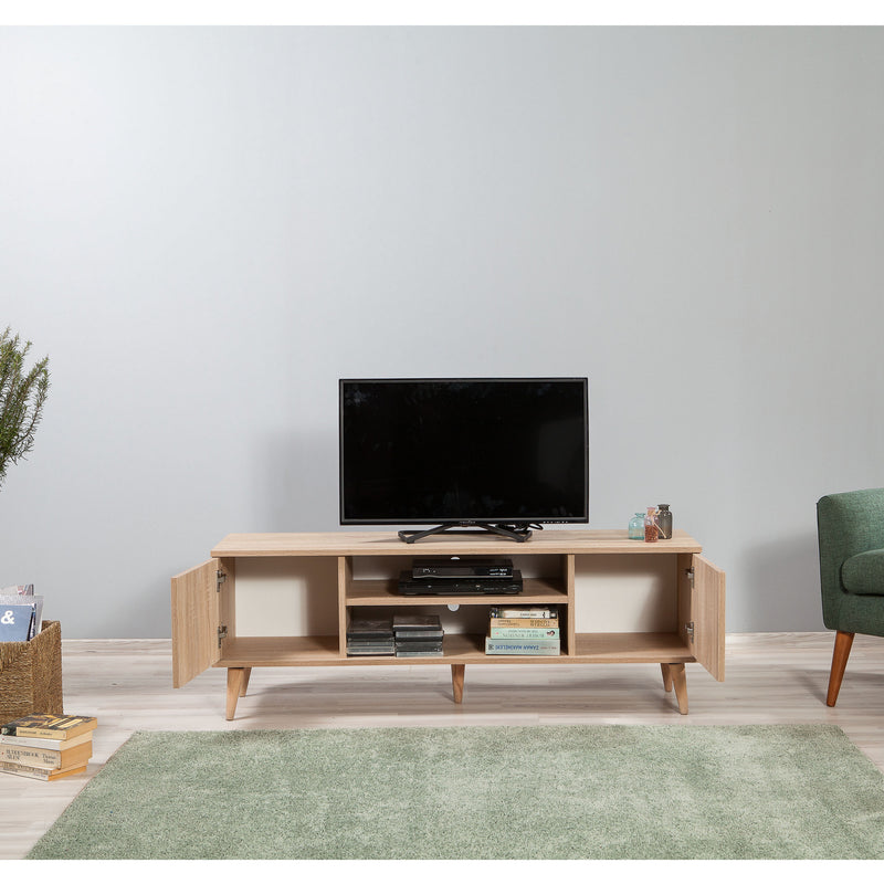 Porta tv con ante e vani centrali in legno quercia fantasia con triangoli cm 140x40x50h
