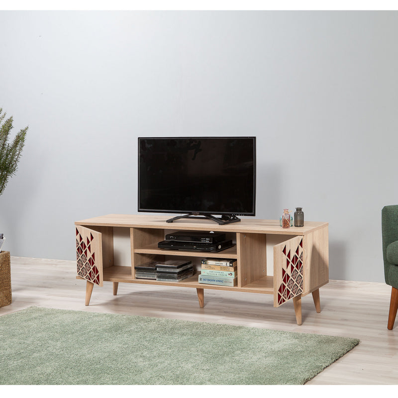 Porta tv con ante e vani centrali in legno quercia fantasia con triangoli cm 140x40x50h