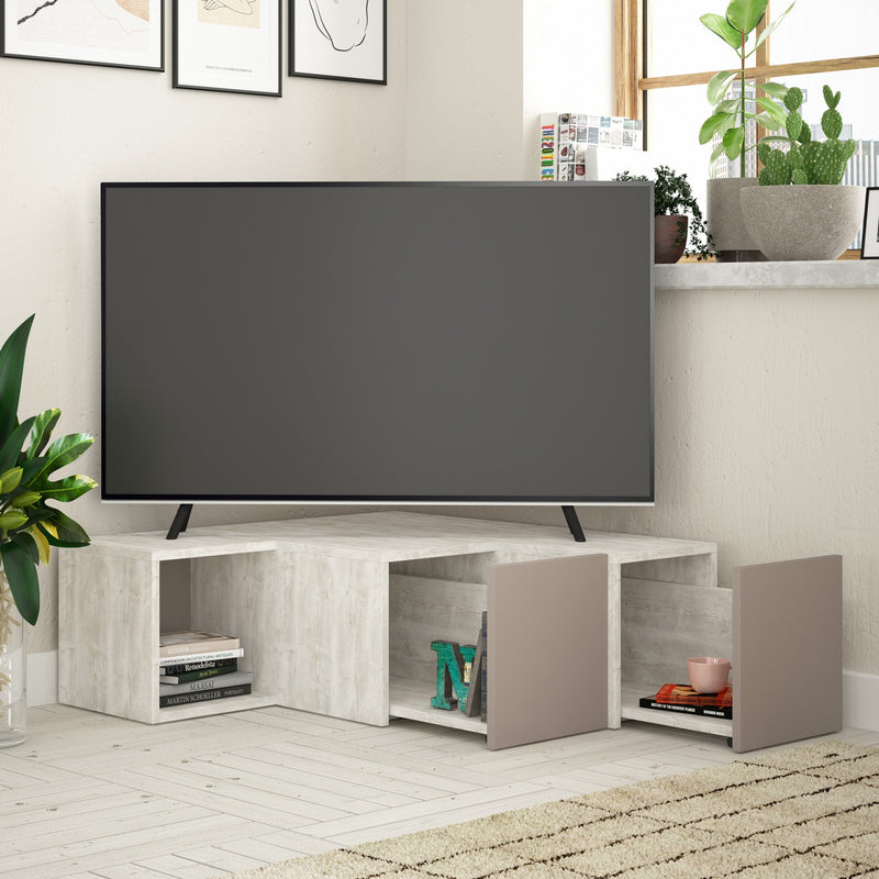 Porta tv angolare basso moderno con vani e cassetti bicolore cm 90x92x32h - vari colori