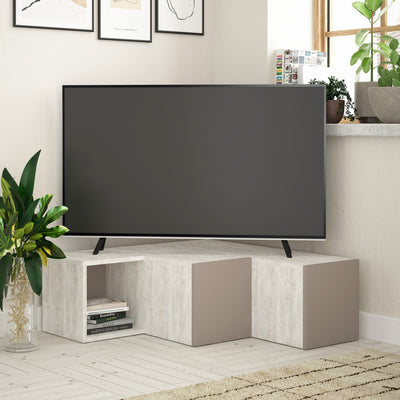 mobile tv angolare in legno bianco anticato e tortora