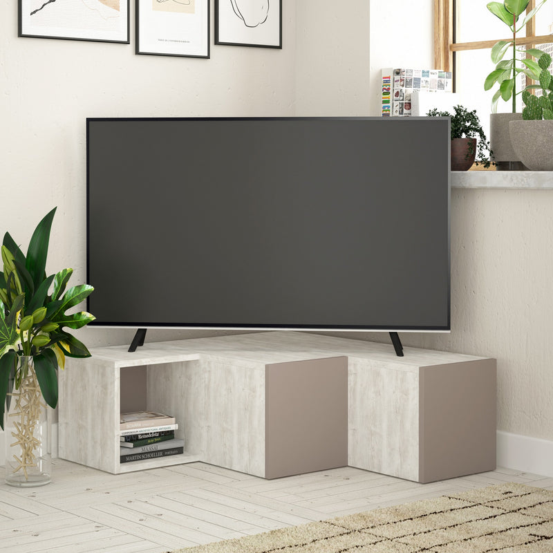 mobile tv angolare in legno bianco anticato e tortora