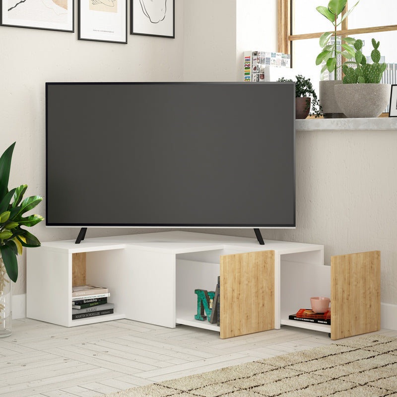 Porta tv angolare basso moderno con vani e cassetti bicolore cm 90x92x32h - vari colori