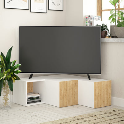 mobile tv angolare porta televisore bianco opaco e quercia con 2 cassetti e vani