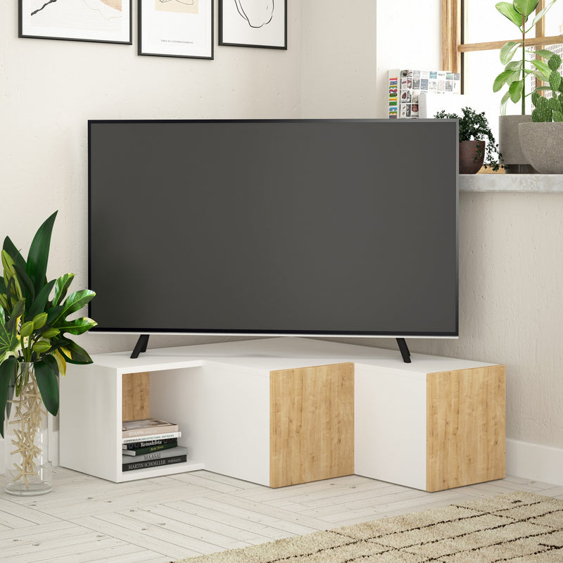 mobile tv angolare porta televisore bianco opaco e quercia con 2 cassetti e vani