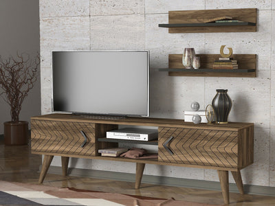 Parete moderna attrezza con mobile tv basso e 2 mensole in legno noce e nero
