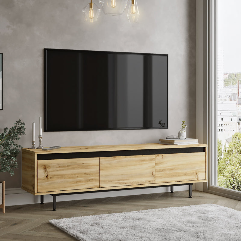 Porta tv basso moderno 3 ante a ribalta colore quercia e nero cm 160x35x45h