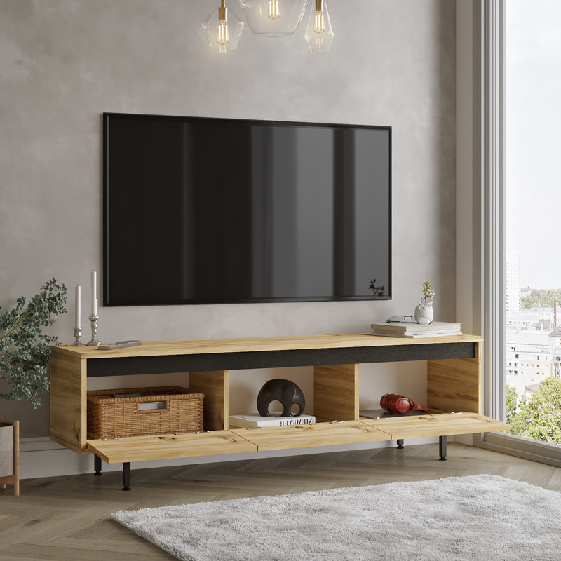 Porta tv basso moderno 3 ante a ribalta colore quercia e nero cm 160x35x45h