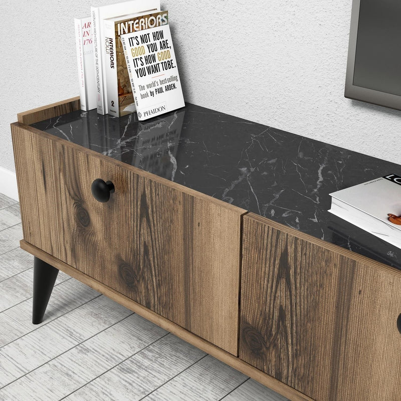 Porta tv base con 3 ante in legno noce scuro e top marmo nero cm 180x35x49h
