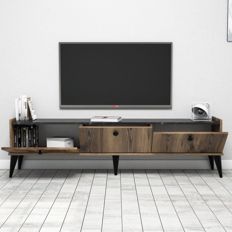 Porta tv base con 3 ante in legno noce scuro e top marmo nero cm 180x35x49h