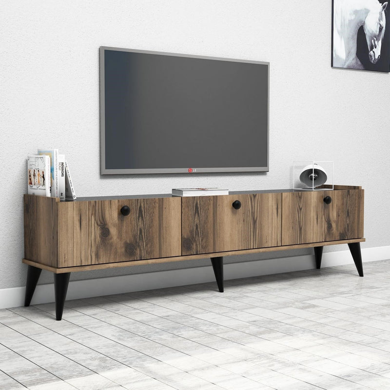Porta tv base con 3 ante in legno noce scuro e top marmo nero cm 180x35x49h