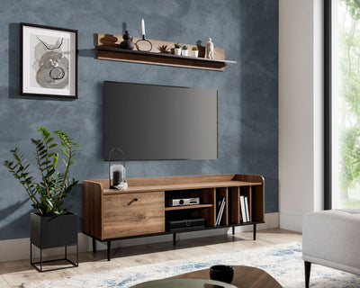 Porta tv moderno 6 vani e anta a ribalta colore rovere scuro cm 150x40x56h