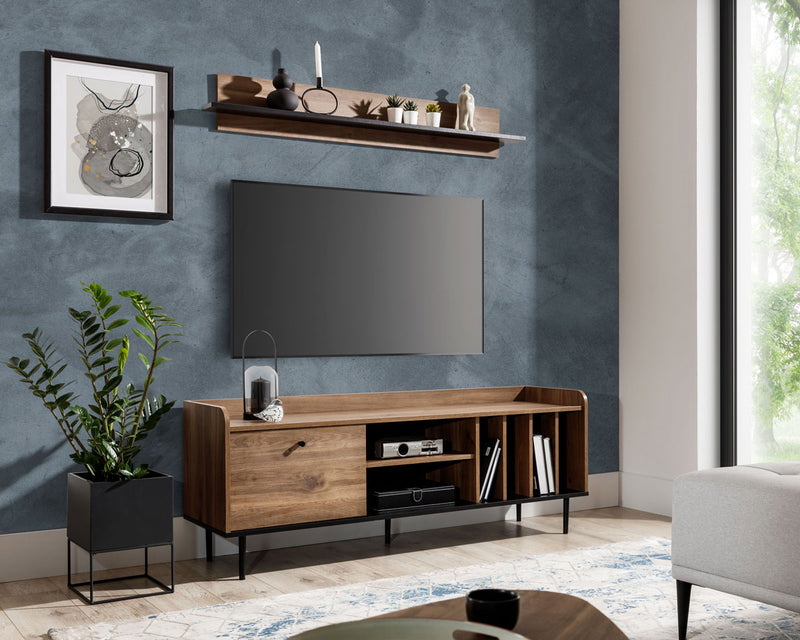 Porta tv moderno 6 vani e anta a ribalta colore rovere scuro cm 150x40x56h