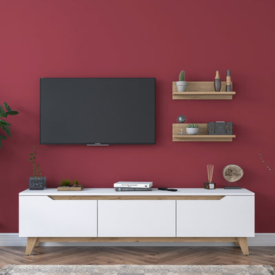 Mobile TV soggiorno con mensole colore noce e bianco cm 180x35x49h