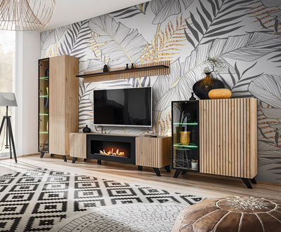 Iklas - Mobile tv basso con biocamino colore quercia con serigrafia a righe nero cm 160x45x52h