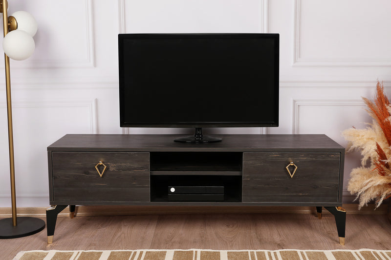 Mobile living TV moderno 2 ante e 2 vani a giorno con dettagli dorati cm 143x40x47h - vari colori