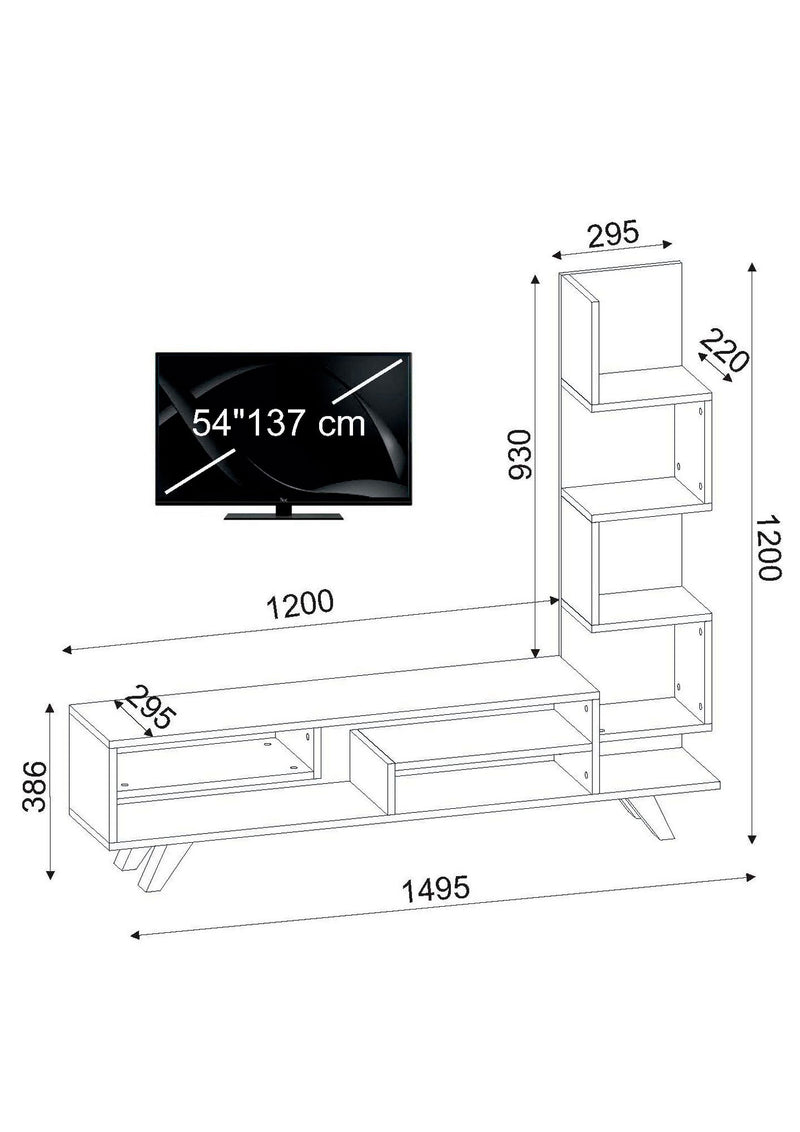 Mobile porta tv con libreria moderno in legno rovere e bianco cm 149x29x120h