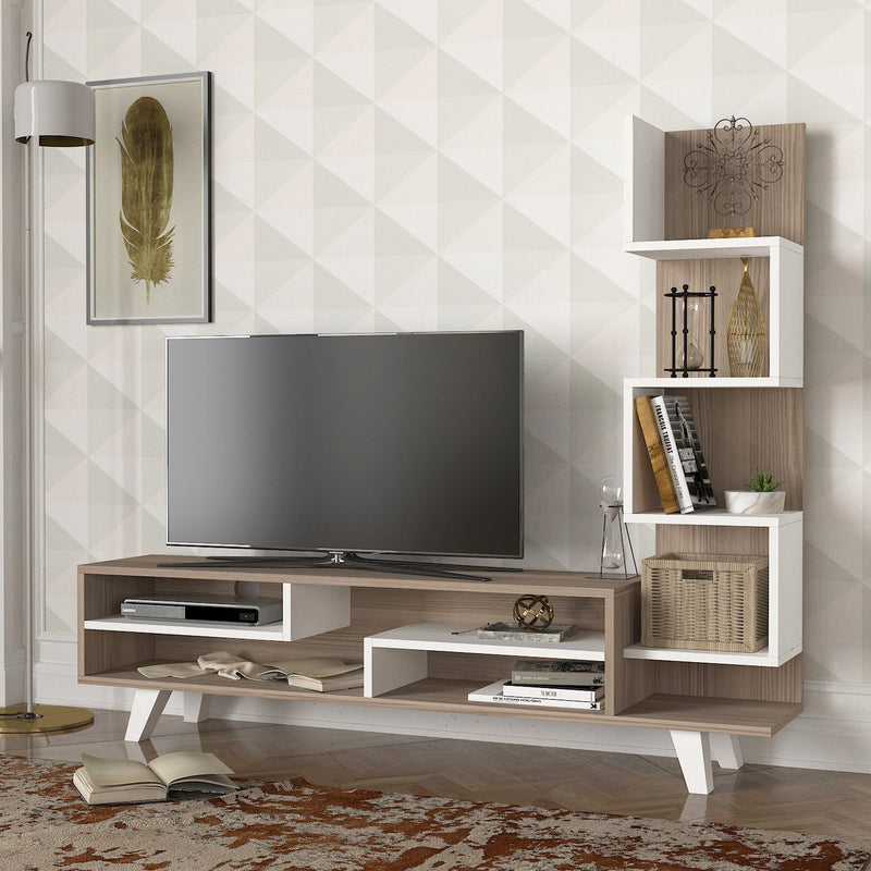 Mobile porta tv con libreria moderno in legno rovere e bianco cm 149x29x120h