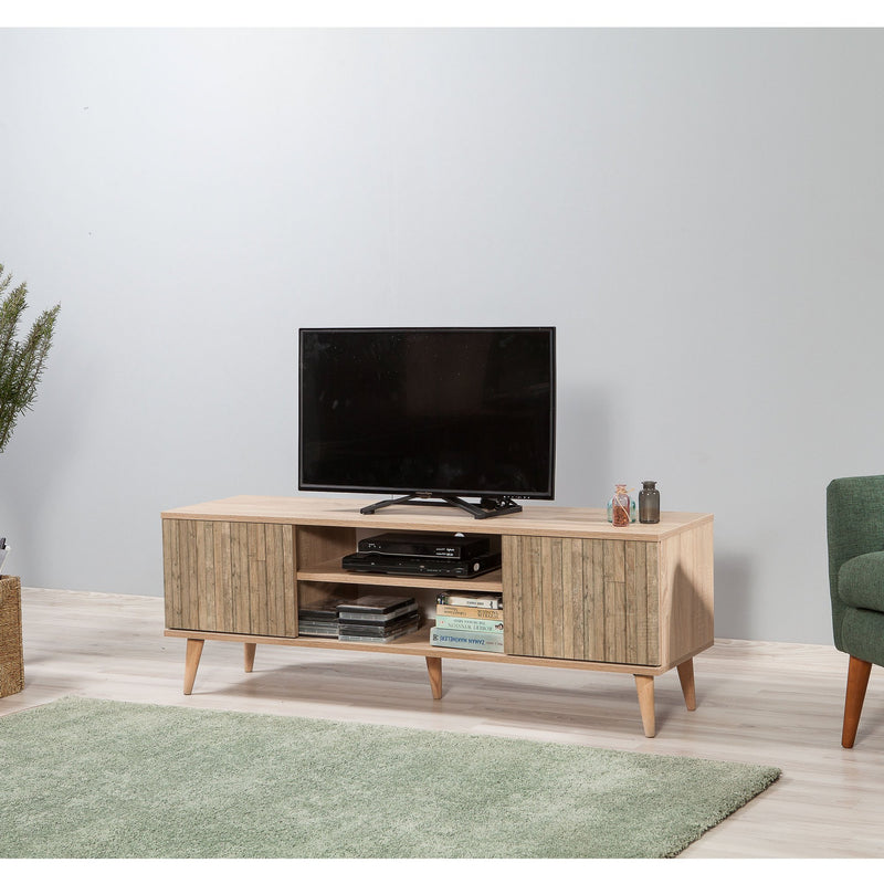 Porta tv con vani e ante per soggiorno in legno colore quercia cm 140x40x50h