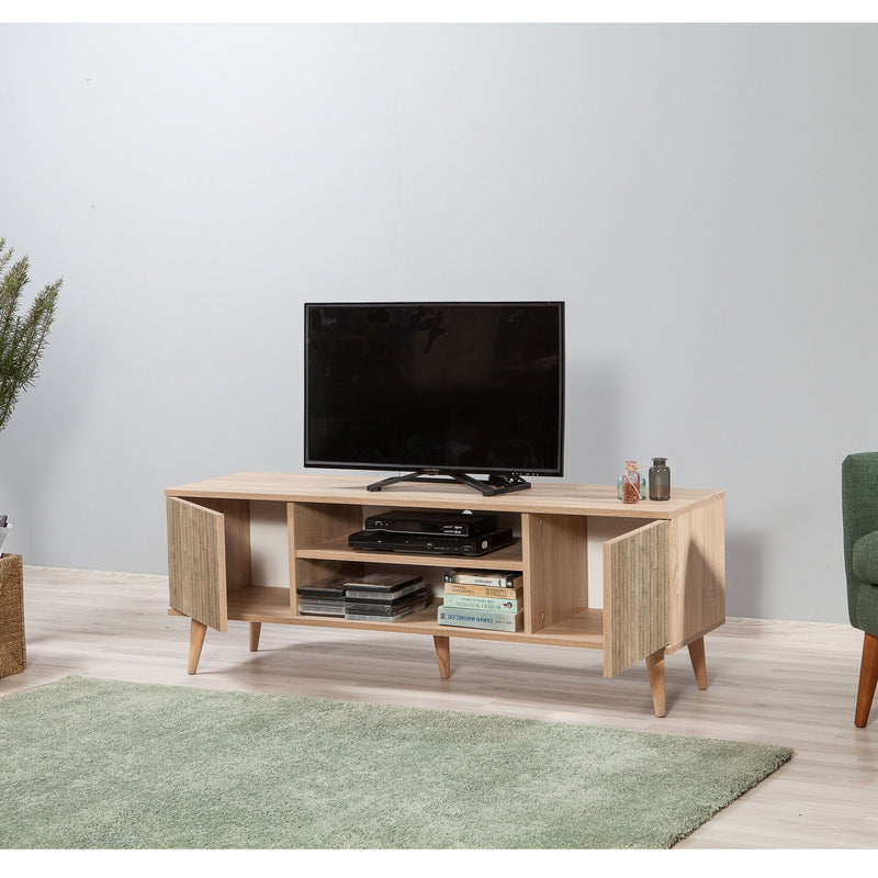 Porta tv con vani e ante per soggiorno in legno colore quercia cm 140x40x50h