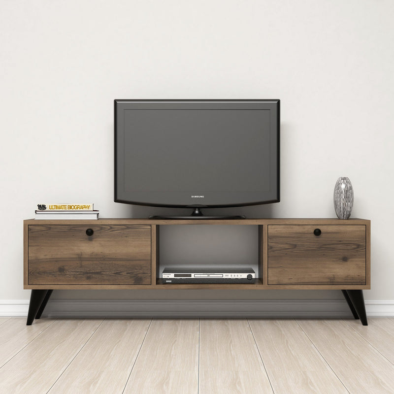 mobile tv 2 ante a ribalta e vano centrale in legno colore noce piedi colore nero