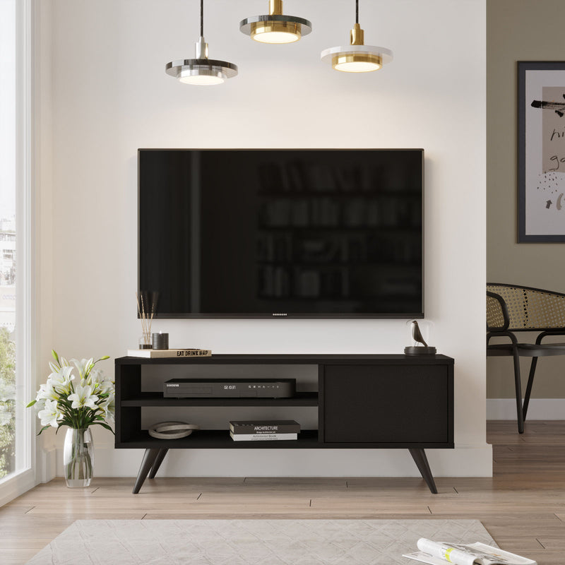 Mobile per TV moderno in legno color nero opaco effetto ruvido, rettangolare dal design semplice con 2 vani a giorno e un&