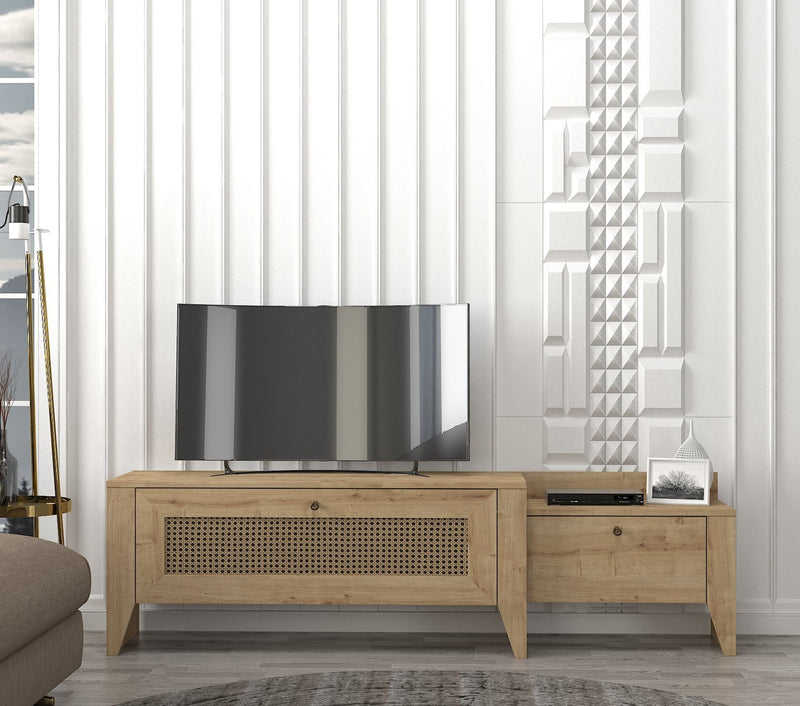 mobile porta tv in legno naturale colore quercia con 2 ante a ribalta lavorazione paglia di vienna
