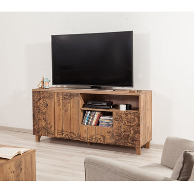 Porta tv in legno colore naturale ante e vani frontale decorato cm 160x45x65h