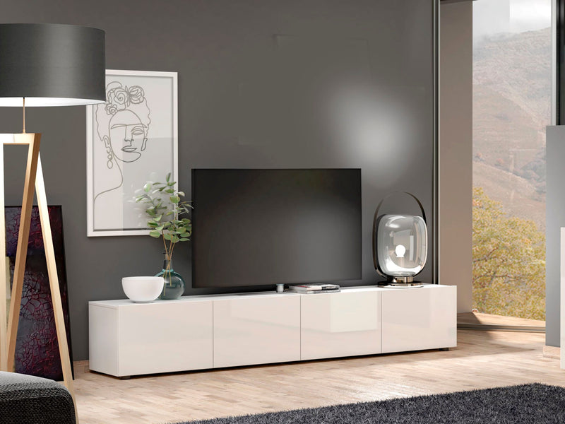 base moderna porta tv cm 225 colore bianco lucido con 4 ante a ribalta
