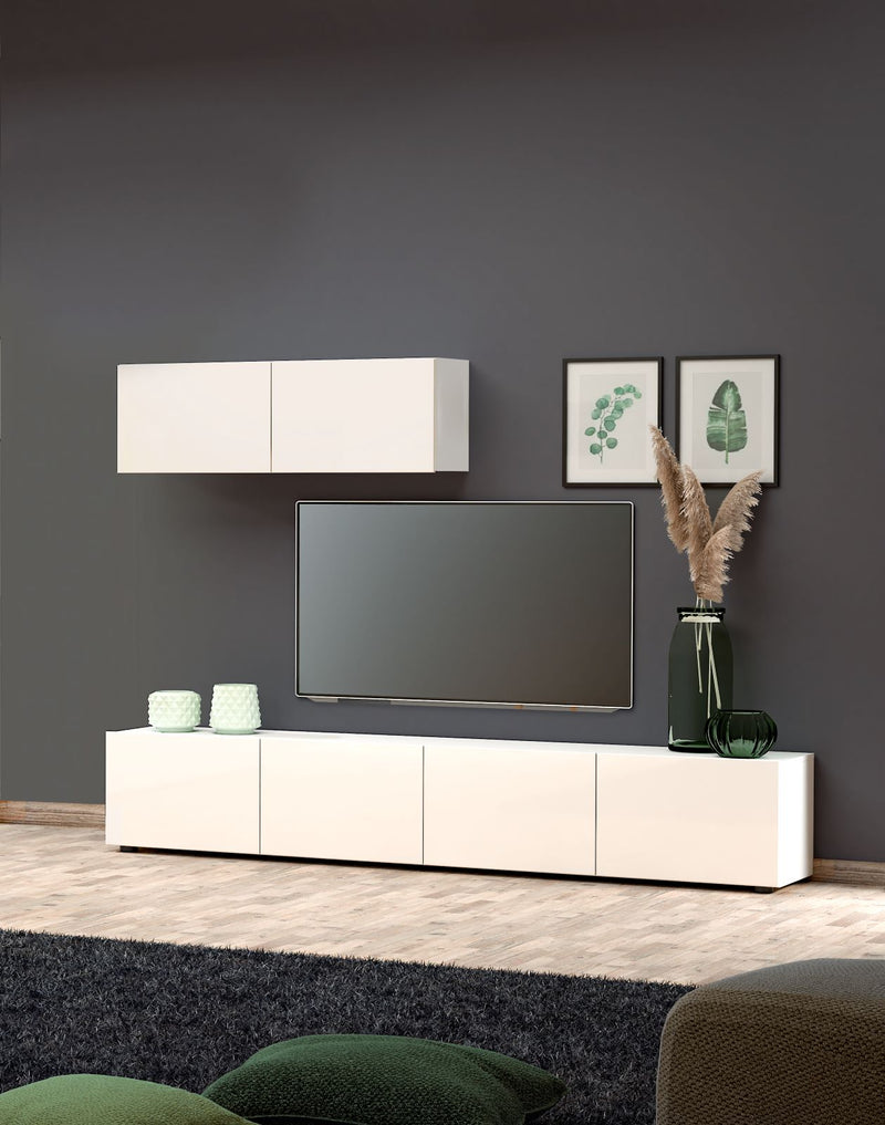 set parete moderna con mobile tv basso 4 ante e pensile colore bianco lucido