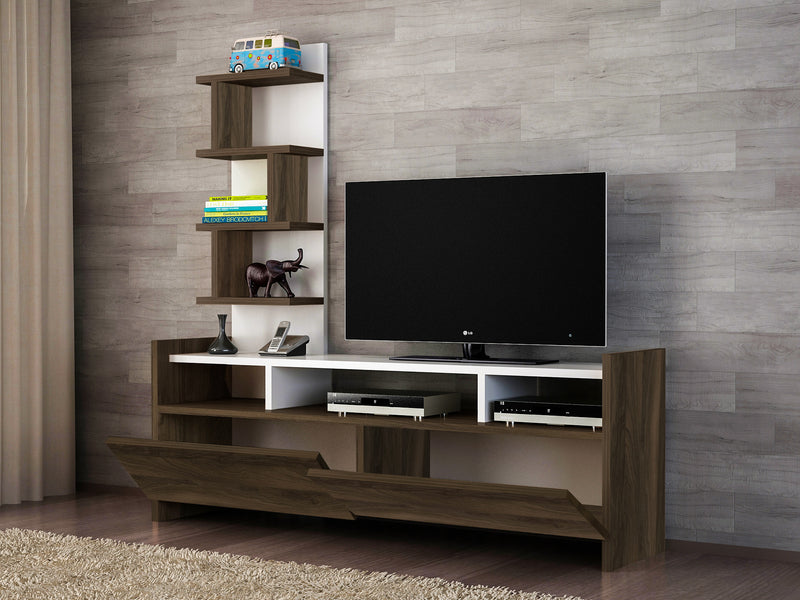 Porta tv con libreria moderno 2 ante a ribalta noce e bianco cm 123x33x120h