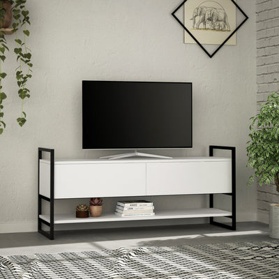 mobile tv moderno struttura in legno bianco 2 ante a ribalta e ripiano sostegni in metallo