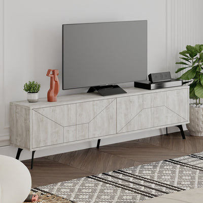 Porta tv living moderno 4 ante oak white con disegno geometrico cm 180x29x50h