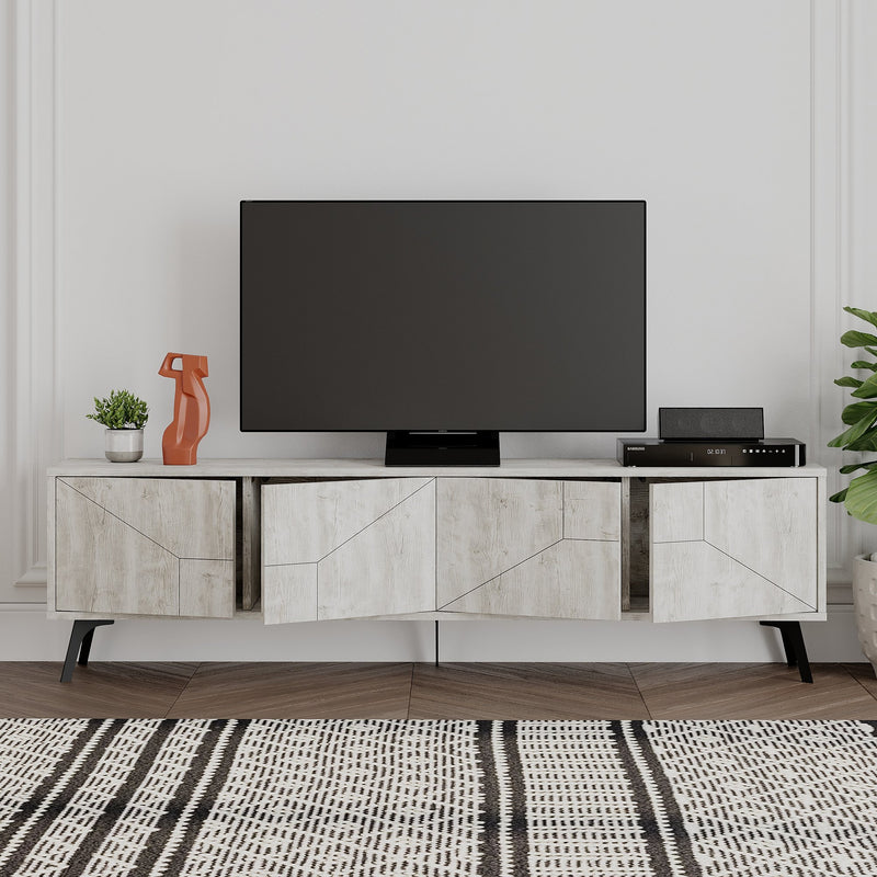 Porta tv living moderno 4 ante oak white con disegno geometrico cm 180x29x50h
