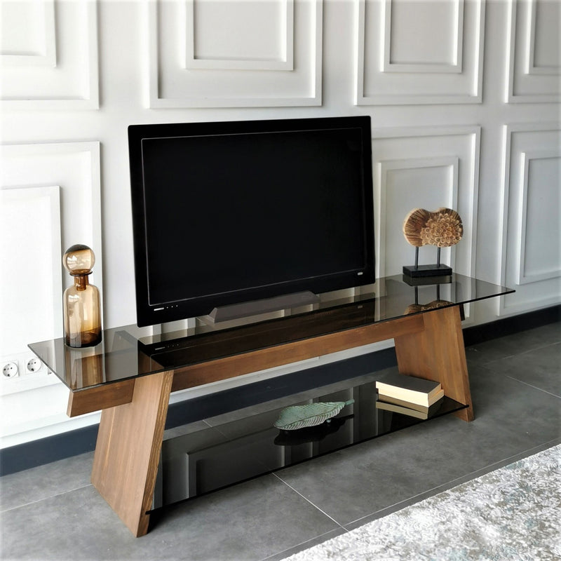 Porta tv moderno piano in vetro base in massello colore noce cm 158x40x45h - vari colori