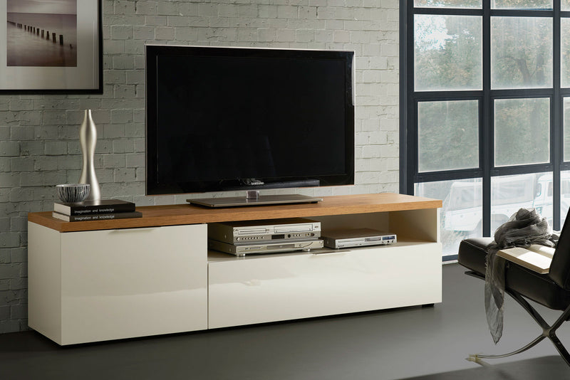 base porta tv moderna con anta cassetto e vano bianco lucido e top rovere