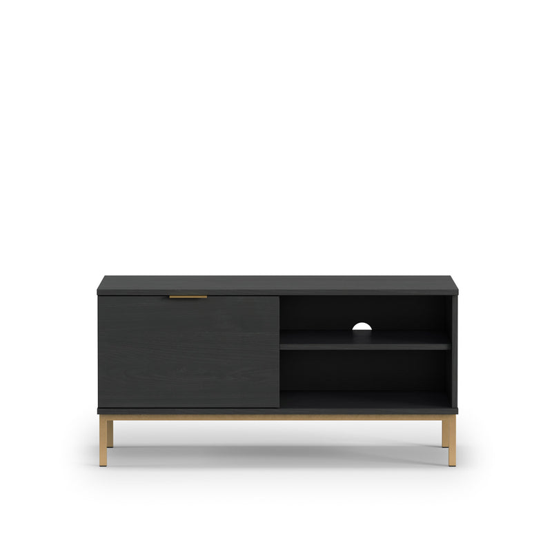 Porta tv piccolo moderno con anta e vani colore frassino nero e metallo oro cm 100x41x50h