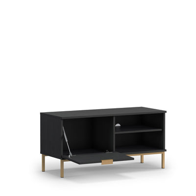 Porta tv piccolo moderno con anta e vani colore frassino nero e metallo oro cm 100x41x50h