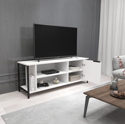Porta tv soggiorno con anta e ripiani in legno bianco e metallo cm 120x35x48h