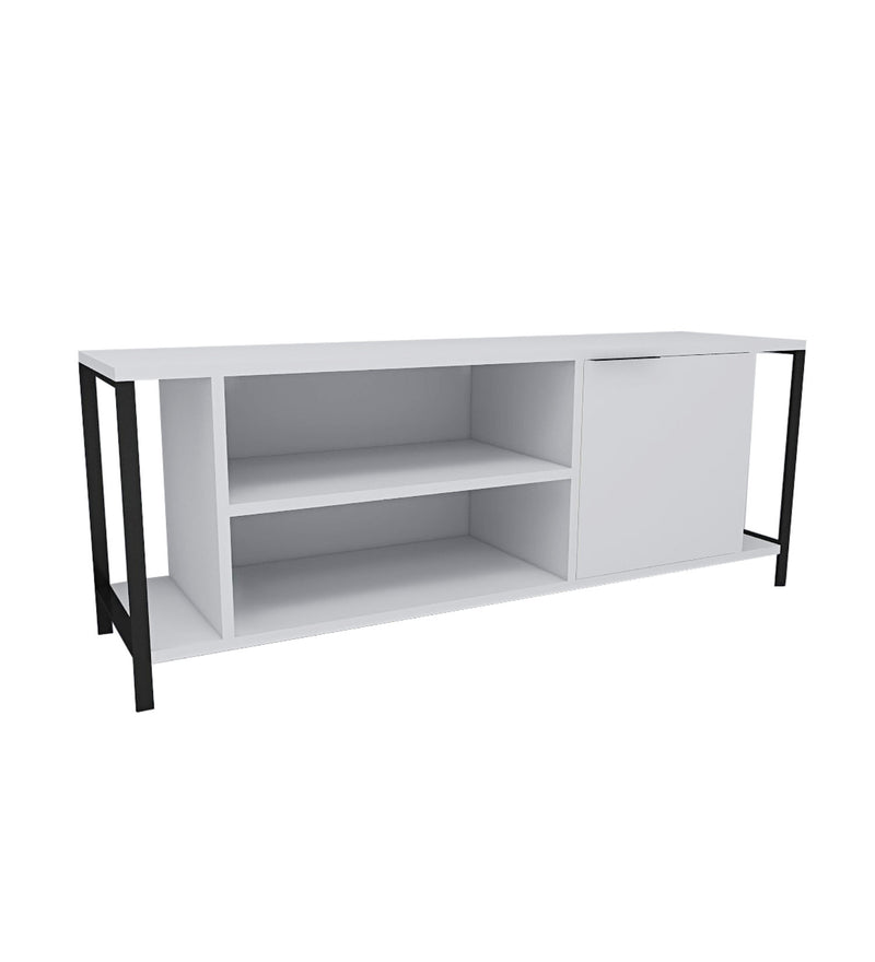 Porta tv soggiorno con anta e ripiani in legno bianco e metallo cm 120x35x48h