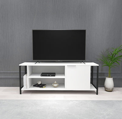 mobile tv struttura in legno bianco con ripiani e anta semplice sostegno in metallo nero 