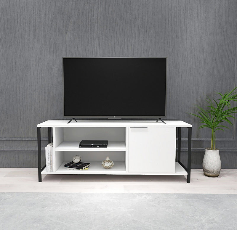 mobile tv struttura in legno bianco con ripiani e anta semplice sostegno in metallo nero 