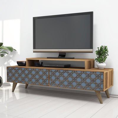 Porta tv in legno colore noce 2 ante decorate intagliate cm 140x42x49h